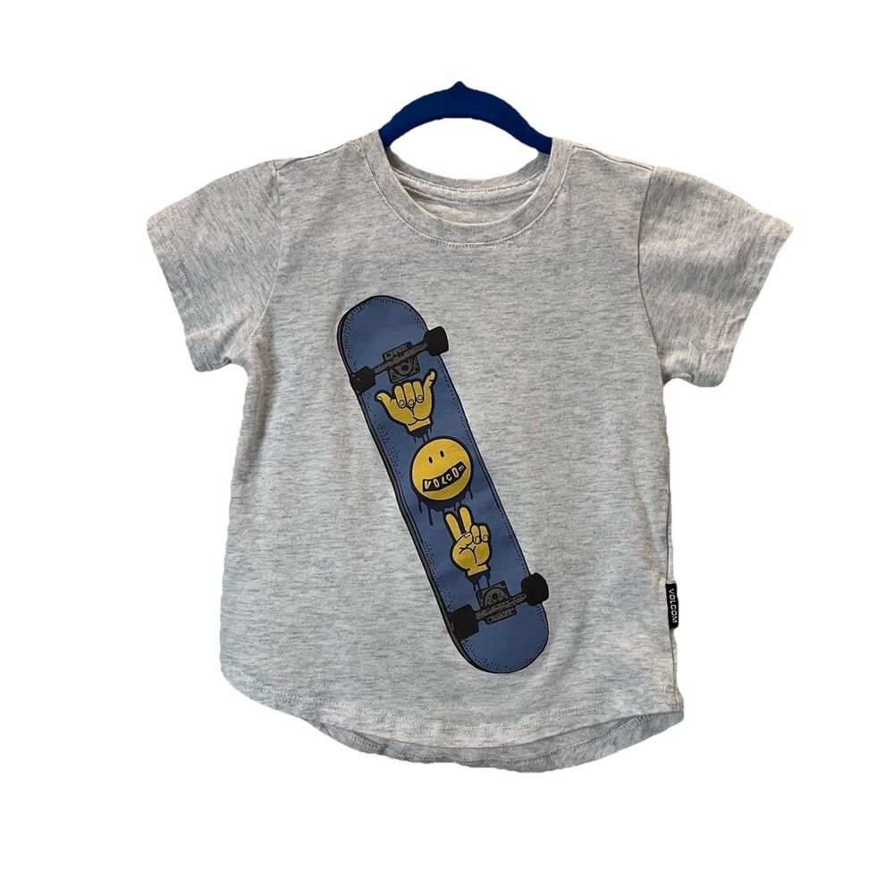 Volcom Skateboard Gray Blue Smiley Face Rad Peace Hand Graphic Shirt Toddler 2T